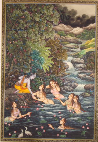 Indian Art - Miniature Painting - Krishna With Gopis - Large Art Prints by Dheeraj