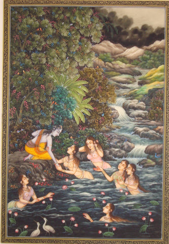 Indian Art - Miniature Painting - Krishna With Gopis by Dheeraj