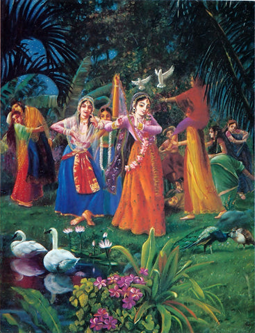 Indian Art - Miniature Painting - Rajasthani Painting - Radha and Gopis Dancing In Vrindavan - Art Prints by Dheeraj