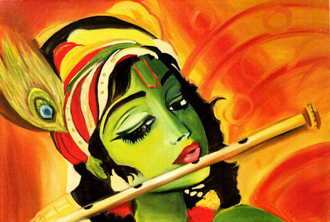 Indian Art - Painting - Krishna Playing Flute - Posters by Raghuraman