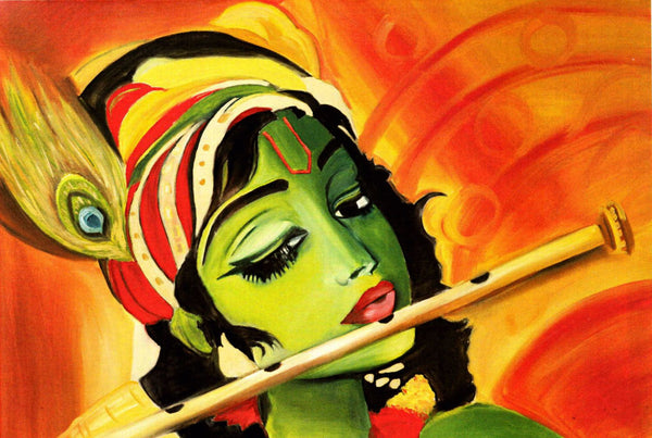 Indian Art - Painting - Krishna Playing Flute - Framed Prints