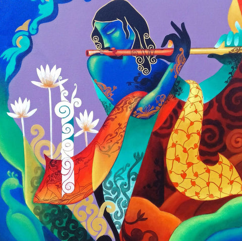 Indian Art - Painting - Krishna Playing the Flute 2 - Canvas Prints by Raghuraman