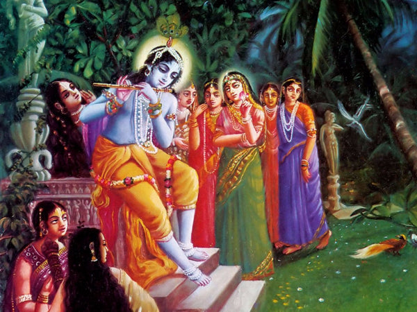 Indian Art - Vintage Painting - Lord Krishna Plays His Flute and the Gopis Are Mesmerized - Canvas Prints
