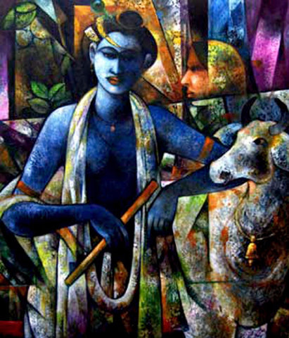 Indian Art - Acrylic Painting - Cowherd Krishna - Framed Prints
