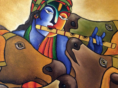 Indian Art - Acrylic Painting - Govardhan Krishna - Framed Prints by Raghuraman
