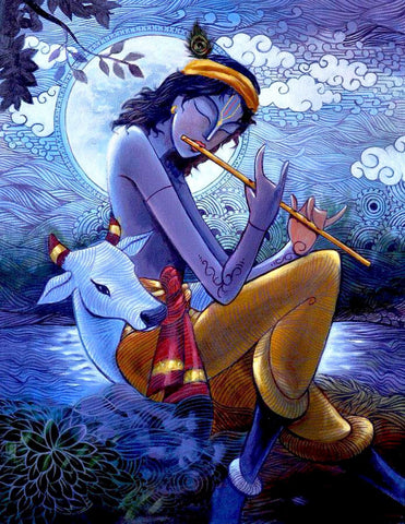 Indian Art - Krishna Painting - Gopala Playing Flute by Raghuraman