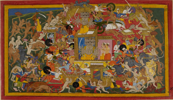Indian Art - Mewar Ramayan - The Army Of Ram Battling The Forces Of Ravan At The Battle Of Lanka - 17 Century by Anonymous Artist | Tallenge Store | Buy Posters, Framed Prints & Canvas Prints