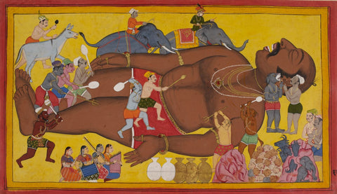 Mewar Ramayan: Waking Up Kumbhkarn - 17 Century - Large Art Prints by Anonymous Artist