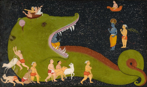 Indian Miniature Art - Rajasthani Painting - Krishnas Victory Over Aghasura - Life Size Posters by Kritanta Vala