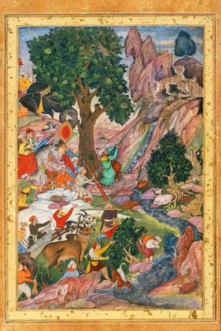 Indian Miniature Art - Rajput Painting - Akbar Hunting Mountain Lions - Canvas Prints