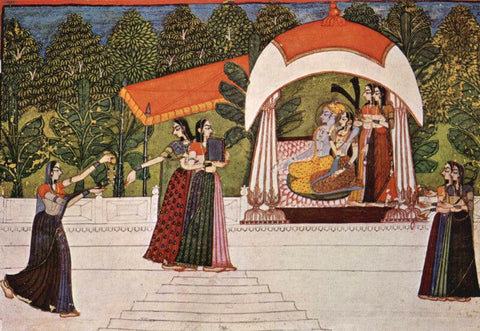 Indian Art - Radha And Krishna - Miniature Painting, Rajasthan School - Framed Prints