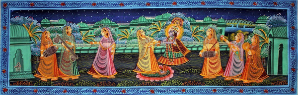 Indian Art Radha Krishna Dancing Under The Stars Rajasthani Painting - Framed Prints