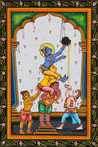 Indian Art - Vintage Painting - Baby Krishna Damodar Stealing Butter - Makhan Chor - Framed Prints