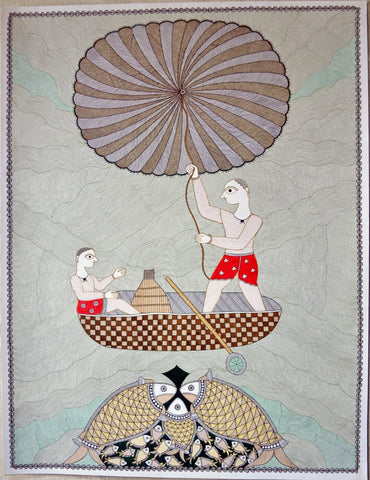Indian Miniature Art - Madhubani Painting - Fishing by Kritanta Vala