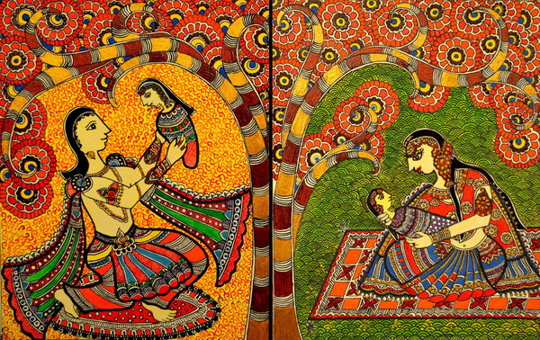 Indian Miniature Art - Mithila Style - Mother And Child - Large Art Prints