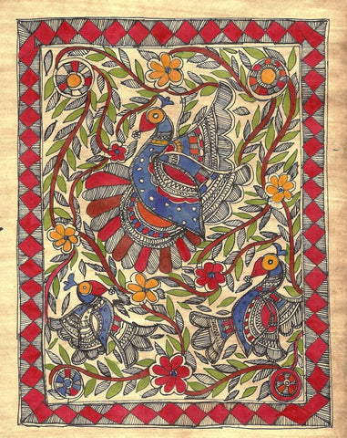 Indian Miniature Art - Madhubani Painting - Peacocks - Art Prints