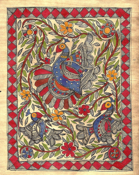 Indian Miniature Art - Mithila Style - Peacocks - Large Art Prints
