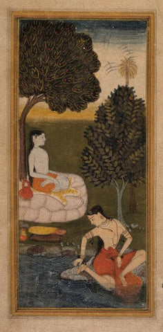 Indian Miniature Art - An Ascetic Sitting under a Tree and a Woman Plucking a Thorn from her Foot, Mughal Painting, Early 17th Century - Large Art Prints by Tallenge Store