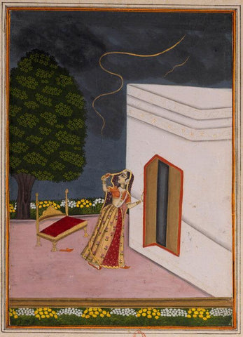 Indian Miniature Art - Lady Observing Lighting in the Sky - Rajput Ragamala,Circa-1800 - Life Size Posters