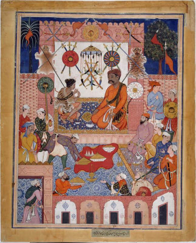 Indian Miniature Art - Misbah the Grocer Brings the Spy Parran to his House - The Adventures of Hamza - 1570 - Mughal - Large Art Prints by Tallenge Store