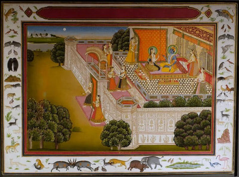 Indian Miniature Art - Radha and Krishna set, 5 of 7, Rajasthan, mid 1800s - Large Art Prints by Govinda Chatera Chota
