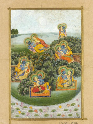 Indian Miniature Art - Rajasthan School - Krishna Admiring Radha In A Garden - Life Size Posters by Tallenge Store