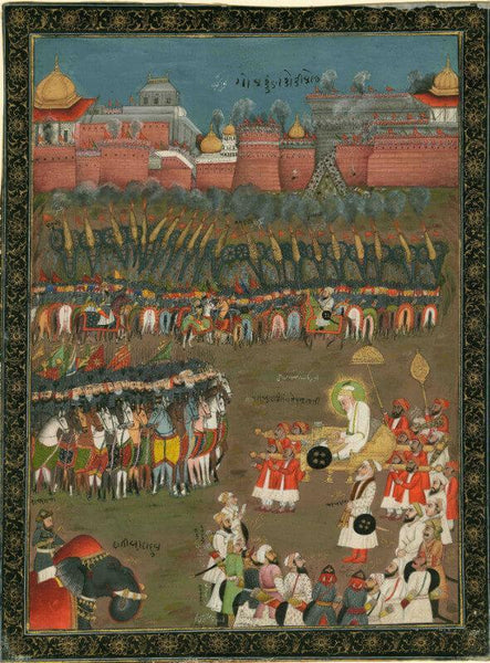 Indian Mughal Art - Emperor Aurangzeb at the siege of Golconda - Miniature Painting - Framed Prints