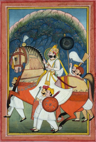 Indian Mughal Art - Maharaj Man Singh On Horseback - Miniature Painting - Large Art Prints by Tallenge Store