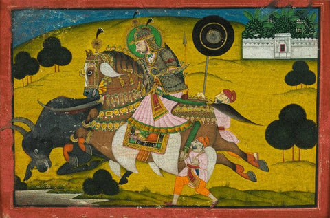 Indian Mughal Art - Maharao Ram Singh Killing a Buffalo - Miniature Painting - Kota Style by Tallenge Store