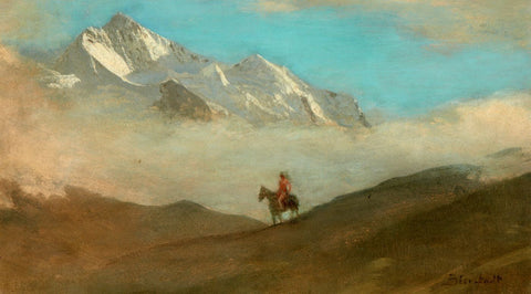 Indian On Horse In Mountains - Albert Bierstadt - Western American Indian Art Painting - Life Size Posters by Albert Bierstadt
