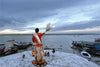 Indian Priest On A Varanasi Ghat (Benaras) - Framed Prints