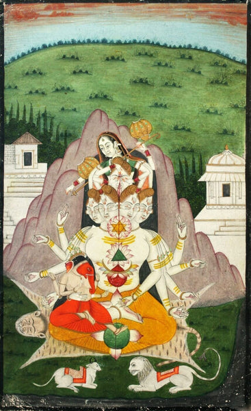 Indian Vintage Painting - Shiva Parvati Kartik (Skanda Murugan) and Ganesh - Canvas Prints