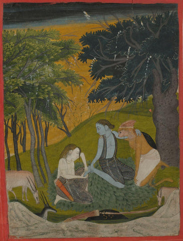 Indian Vintage Paiting - Ramayana - Lakshmana Pulls A Thorn From Ramas Foot - Large Art Prints by Kritanta Vala