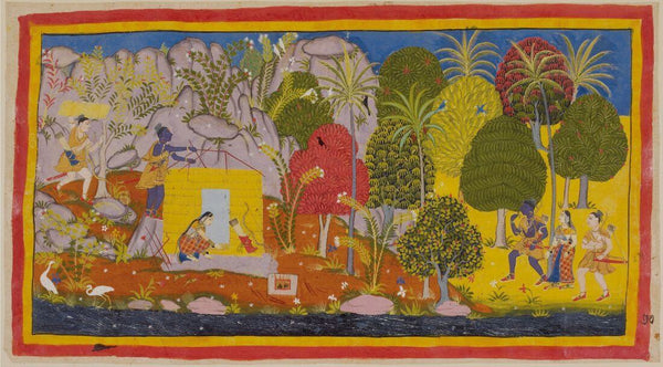 Indian Vintage Paiting - Ramayana - Rama Sita and Lakshman During Their Exile In The Forest - Rajput Painting - Mewar - c1640 - Framed Prints