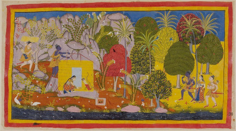 Indian Vintage Paiting - Ramayana - Rama Sita and Lakshman During Their Exile In The Forest - Rajput Painting - Mewar - c1640 - Large Art Prints by Kritanta Vala