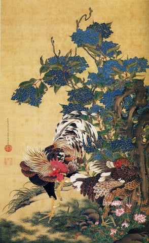 Rooster And Hen With Hydrangeas - Large Art Prints