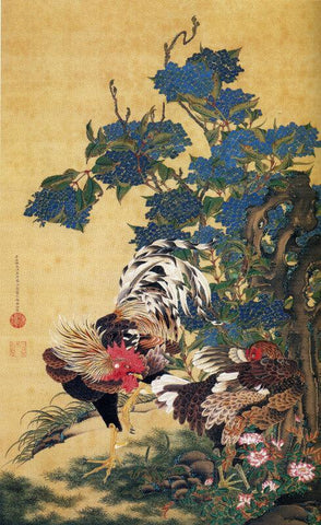 Rooster And Hen With Hydrangeas - Posters by Ito Jakuchu