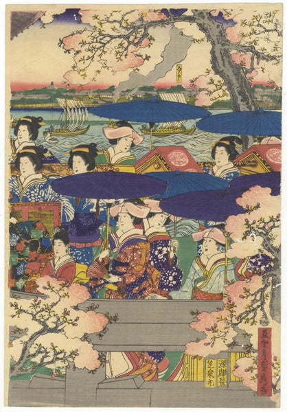 Court Ladies Going Out For Cherry Blossom Viewing - Sadahide Utagawa - Japanese Woodblock Print - Life Size Posters