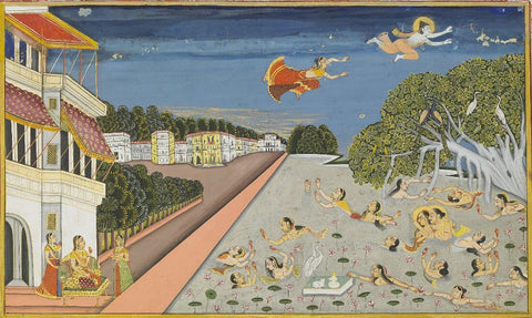 Jallandharnath Flies Over King Padam's Palace By Amardas Bhatti - C.1830 - Vintage Indian Miniature Art Painting - Art Prints