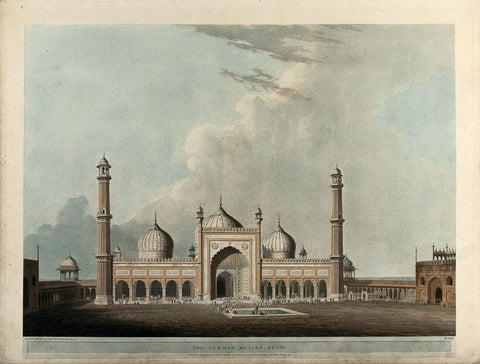 Jama Masjid Delhi - Thomas Daniell  - Vintage Orientalist Aquatint Painting of India by Thomas Daniell