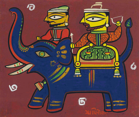 Jamini Roy - Hunters And Elephant - Large Art Prints by Jamini Roy