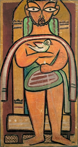 Man With A Bird - Large Art Prints by Jamini Roy