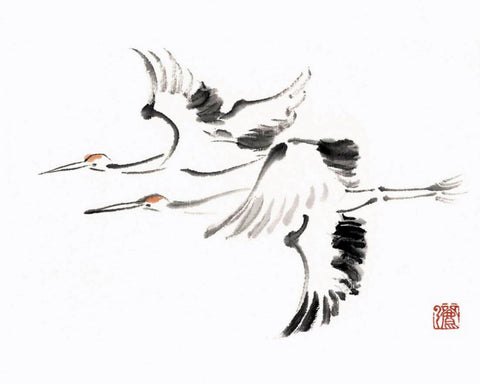 Japanese Twin Cranes - Japanese Feng Shei (Feng Shui) Painting - Art Prints by Japanese Feng Shei