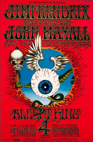 Jimi Hendrix And John Mayall - Fillmore Auditorium 1968  - Vintage Rock Concert Psychedelic Poster - Posters