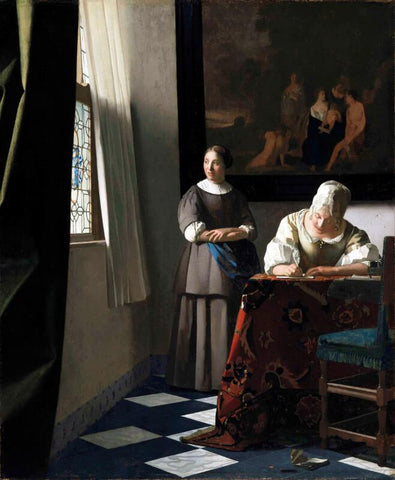 Lady Writing A Letter With Her Maid - Large Art Prints by Johannes Vermeer