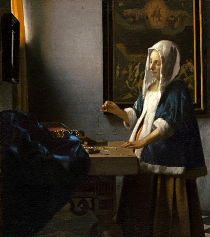 Woman Holding A Balance - Framed Prints by Johannes Vermeer