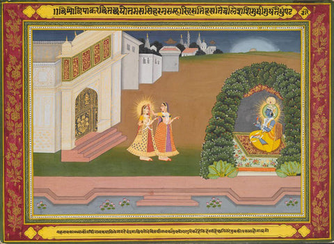 An Attendant brings Radha to Krishna - Jaipur School - Indian Miniature Painting - Framed Prints