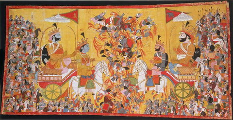 Arjuna Meets Karna in Kurukshetra - Indian Miniature Painting - by Krishna Artworks