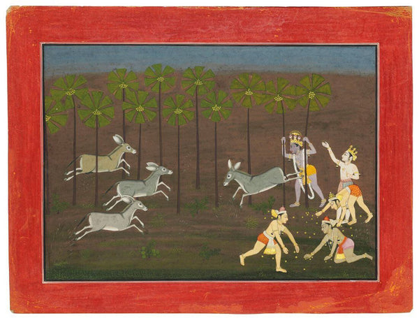 Krishna Attacked by Dhenukasura c1765 - Pahari Paintings - Indian Miniature Paintings - - Framed Prints