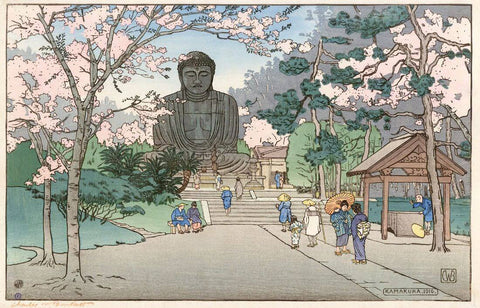 Kamakura Buddha, Japan - Charles W Bartlett - Vintage Orientalist Woodblock Painting - Canvas Prints by Charles Bartlett